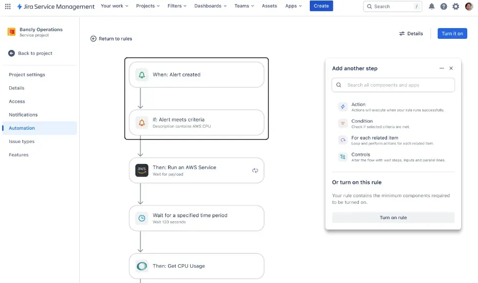 Screenshot: Eine Auotmation in JSM